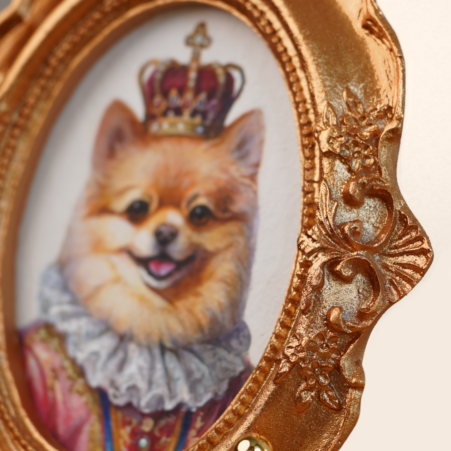 Custom Pet Portrait in Renaissance Costume, Hand-Painted Acrylic, Gold Vintage Frame
