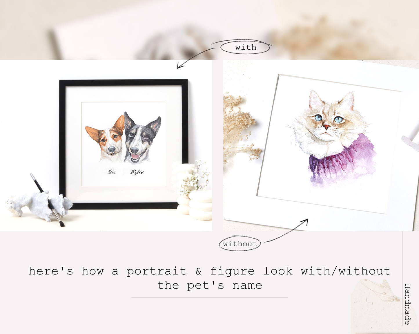 Custom Handmade Watercolor Pet (dog + cat) Portrait