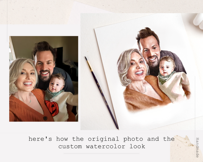 Handmade Custom Watercolor Family Portrait with Pets