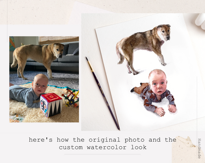 Custom Watercolor Family Portrait with Pets