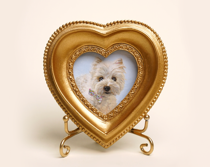 Custom Handmade Acrylic Pet Portrait in a Gold-Colored Heart-Shaped Frame