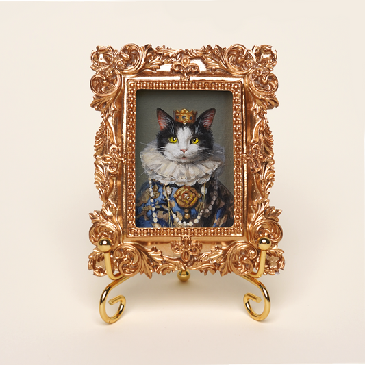 Mini Custom Hand-Painted Pet Portrait in Regal Costume, Acrylic with Gold Vintage Frame