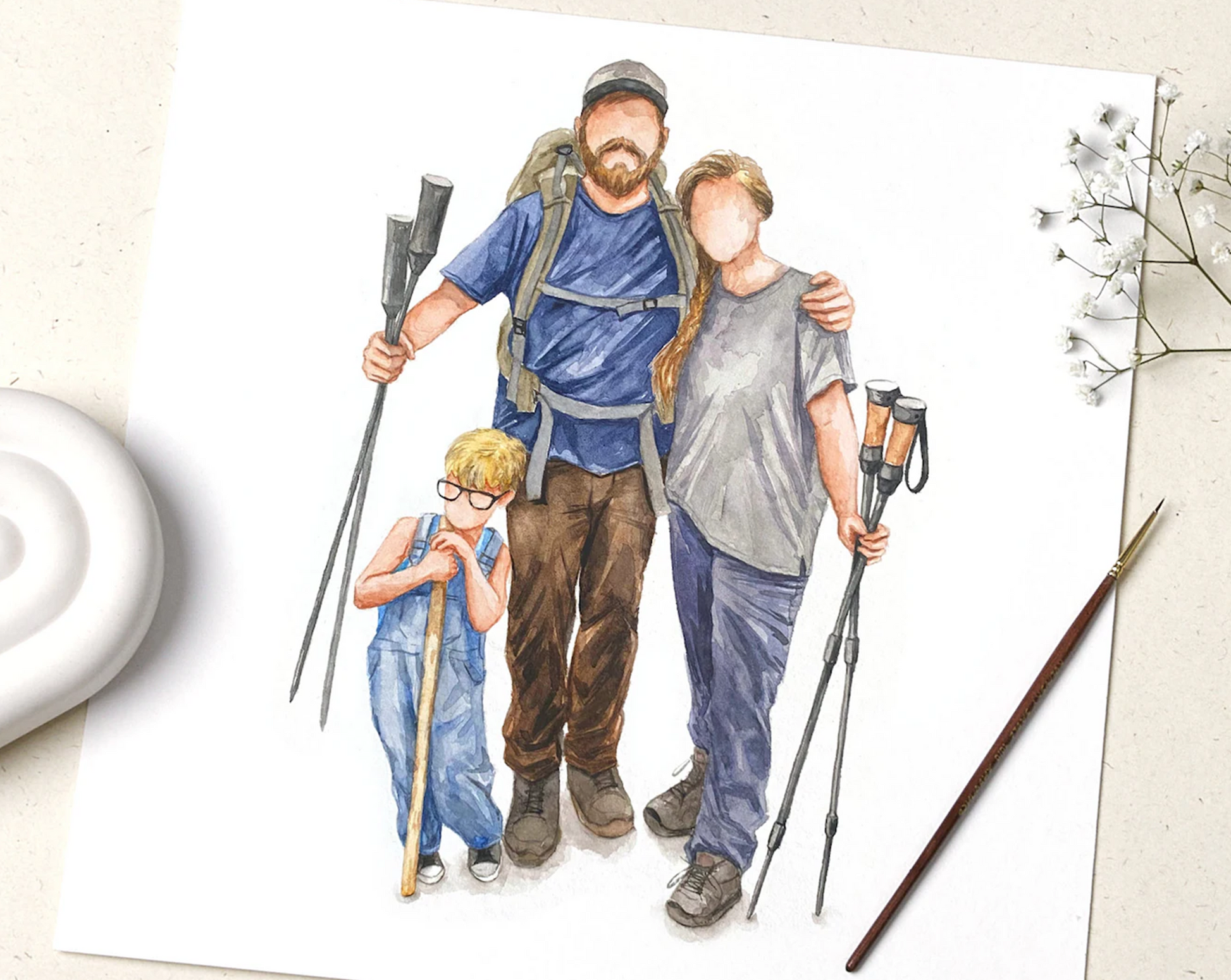 Watercolor Family Portrait | Portrait from Photo | Family Portrait with Pets | Family Portrait with Frame | People Portrait from Photo